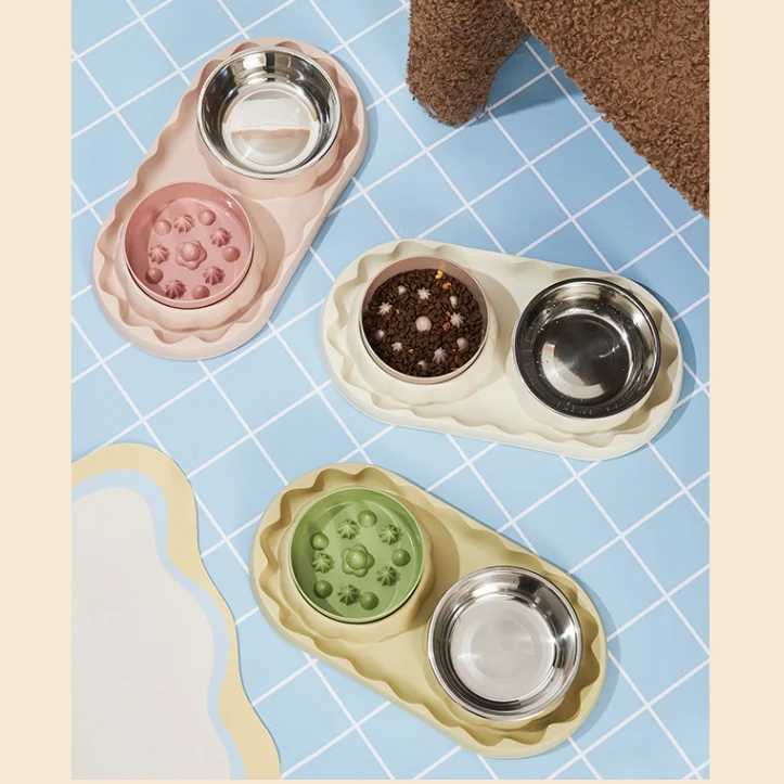 Pet stainless steel double bowl cat bowl leak proof food dog choking slow food bowl spill proof cat bowl dog bowl pet bowl J251113