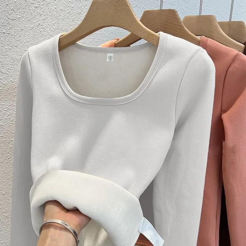 Winter Women Thermal Underwear Tops Square Collar Fleece Basic Pullover Autumn Crewneck Fashion Top Casual Thermal Shirt Women 251030