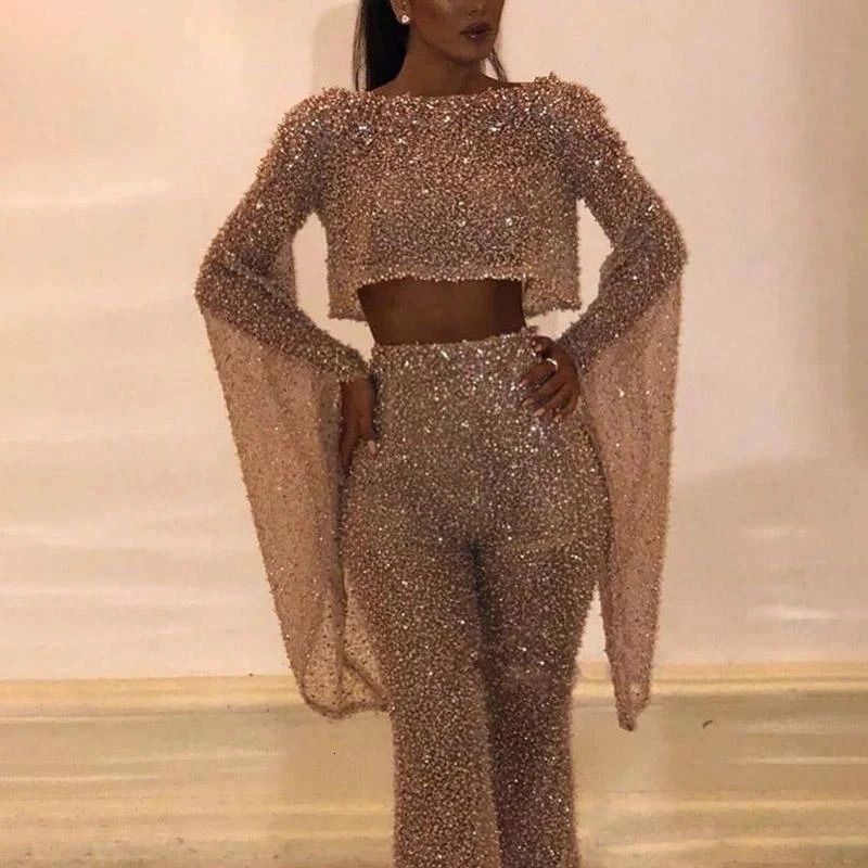 Sexy Backless Hollow Bandage Jumpsuit Women Spring Oneck Flare Sleeve Straight Playsuit Fall Sequin Shiny Party Romper Overalls 251027