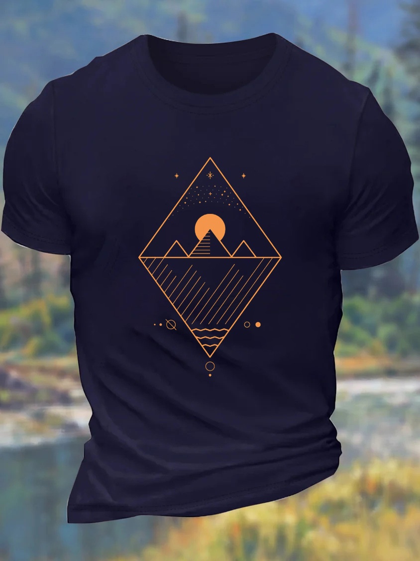 European and American Oversized Men's Mountain and Sun Stripe Pattern Cotton Crew Neck Loose Casual T-Shirt - TT7532