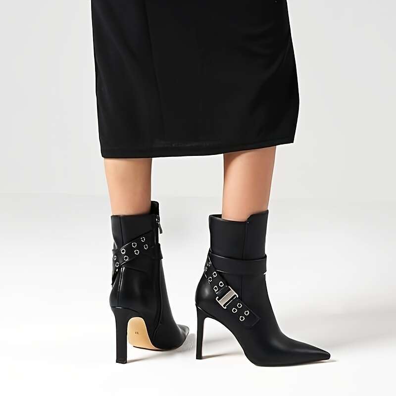 Ankle Boots For Women Pointed Toe High Heel Block Mid Calf Side Zipper Short Booties With Buckle Strap