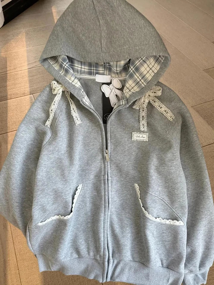 Zoki Lace Patchwork Hoodies Women Cute Bow Long Sleeve Sweatshirt Japan Preppy Style Sweet Loose Long Sleeve Female Gray Outwear 251030