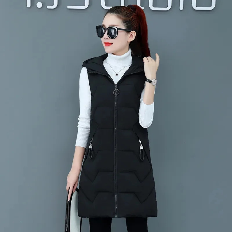 2025 Winter Sleeveless Waistcoat Women Warm Puffer Jacket Ultra Light Mid Long Down Cotton Vests Female Outwear Casual Tops 251029