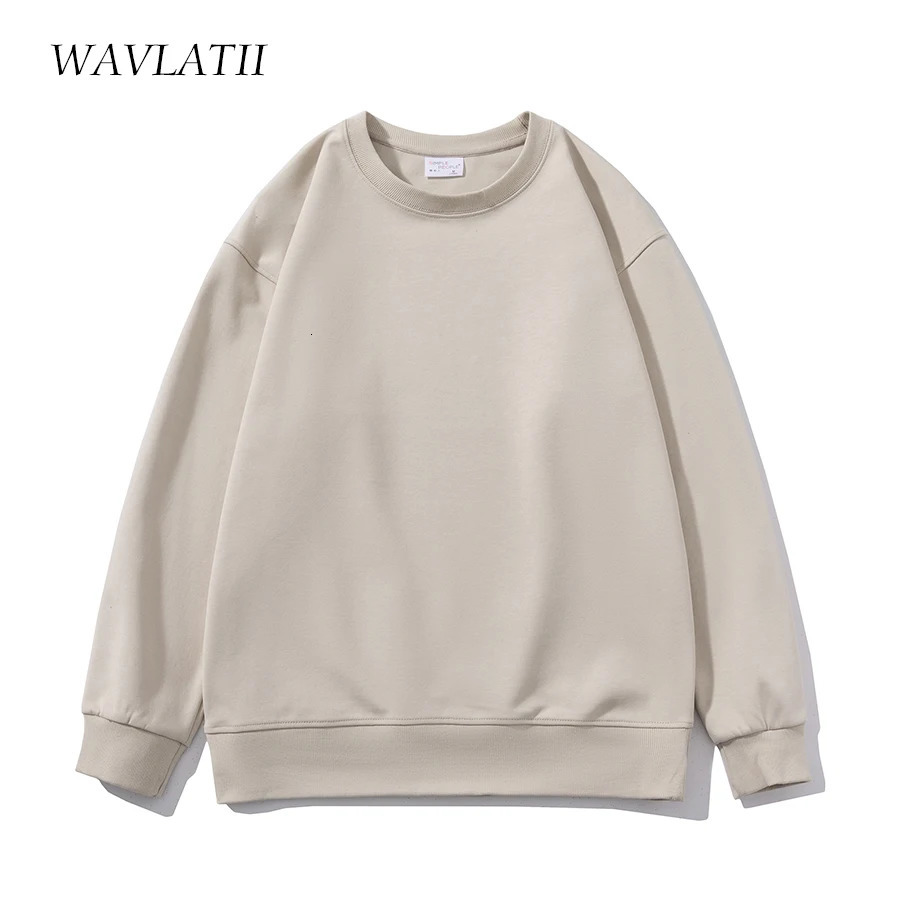 WAVLATII Women Simple Style Khaki Sweatshirt Female Fashion Streetwear Soild Oneck Hoodie Casual White Tops for Autumn 251030