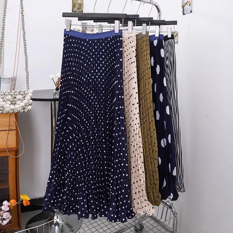High Waist Polka Dot Long Skirt for Women Elegant Boho Beachwear Big Hem Ruffled Pleated Loose Fit 2025 Style 251028