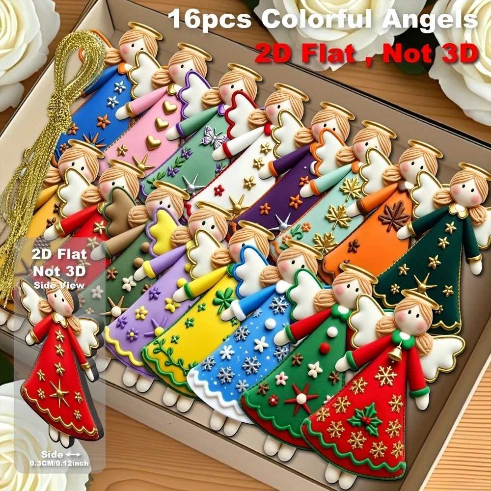 16pcs Artificial Wood Angel Ornaments with Golden Star Ribbon Bows 2D Flat Pendants for Christmas Thanksgiving New Year Decor C251030