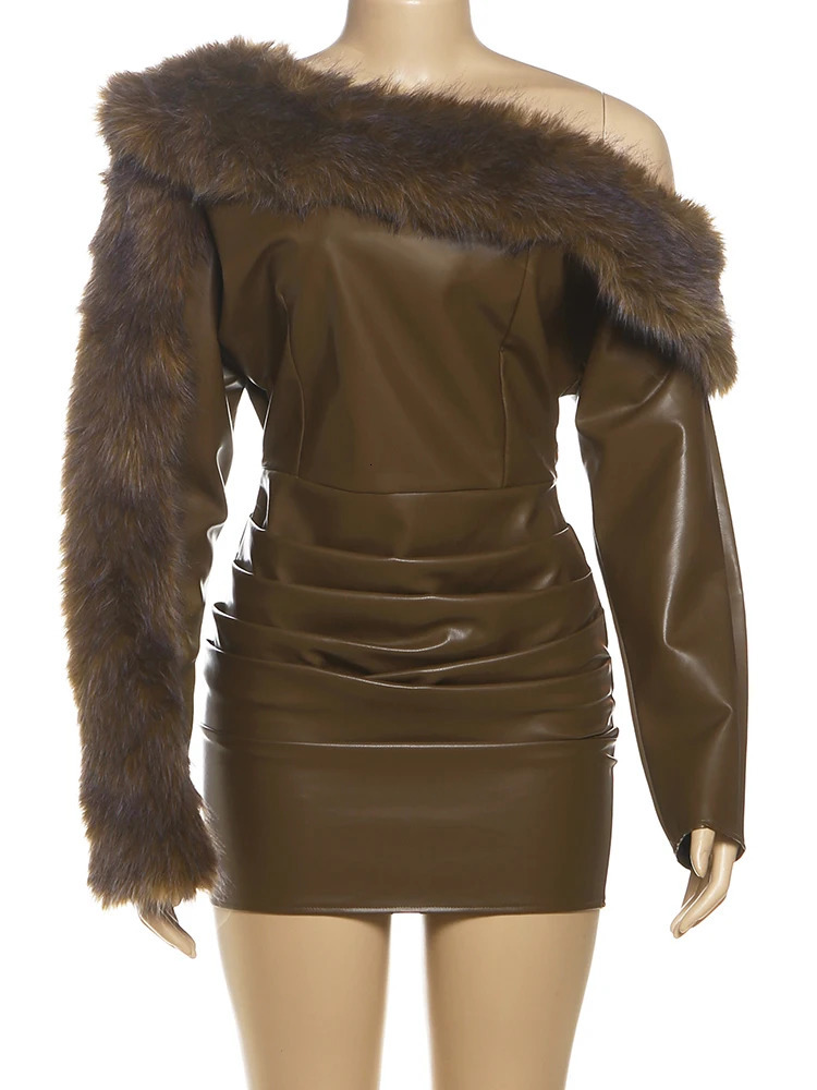 Kliou Faux Leather Mini Dresses Woman Furry Patchwork Skew Collar Full Sleeve Backless High Waist Street Fashion Classic Bodycon 251028