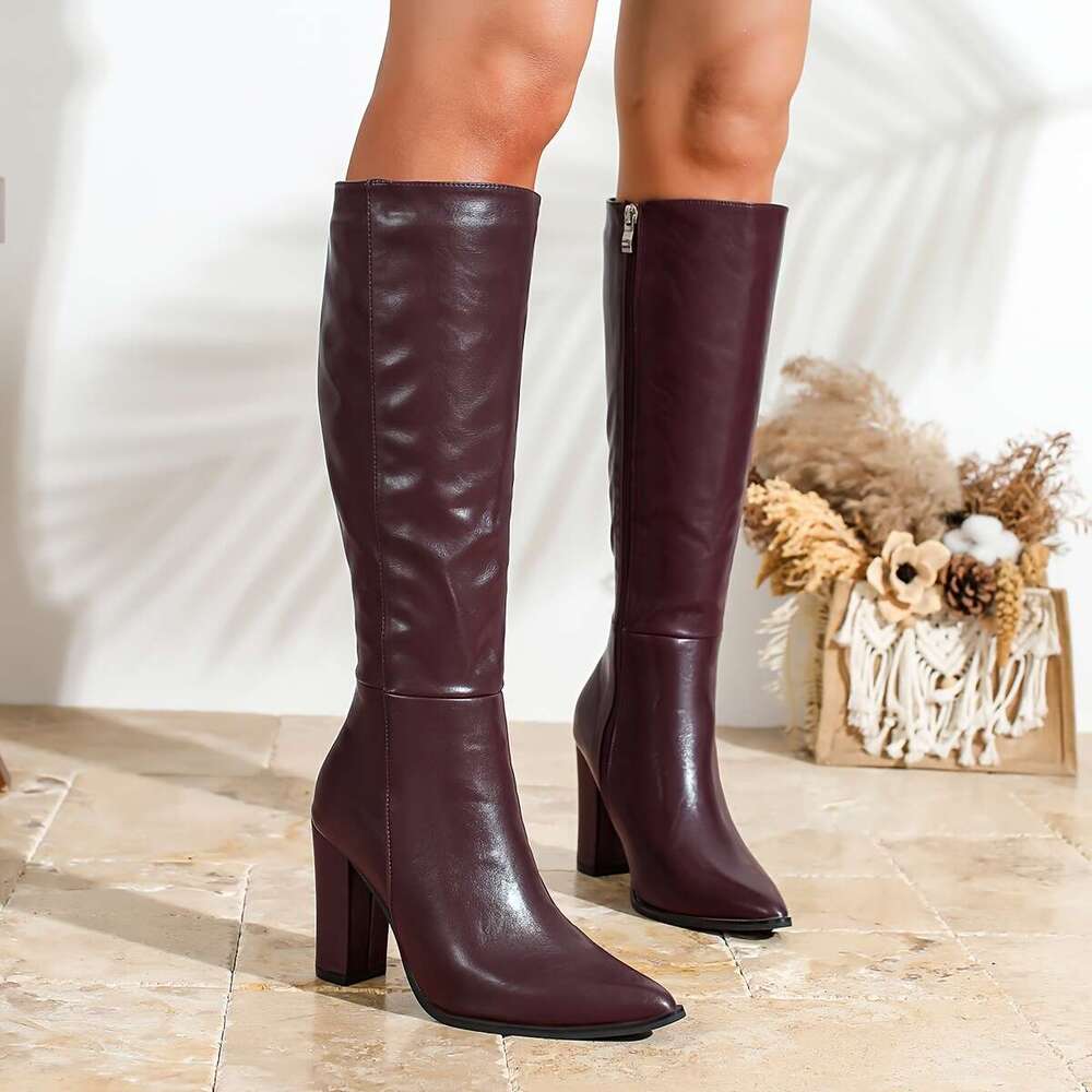 Women's Elegant Pointed Toe High-Heel Full-Length Thick Block Heel 0-10+, Full-Zipper Closure, All-Season Faux Dress Boots For Weddings, Parties 