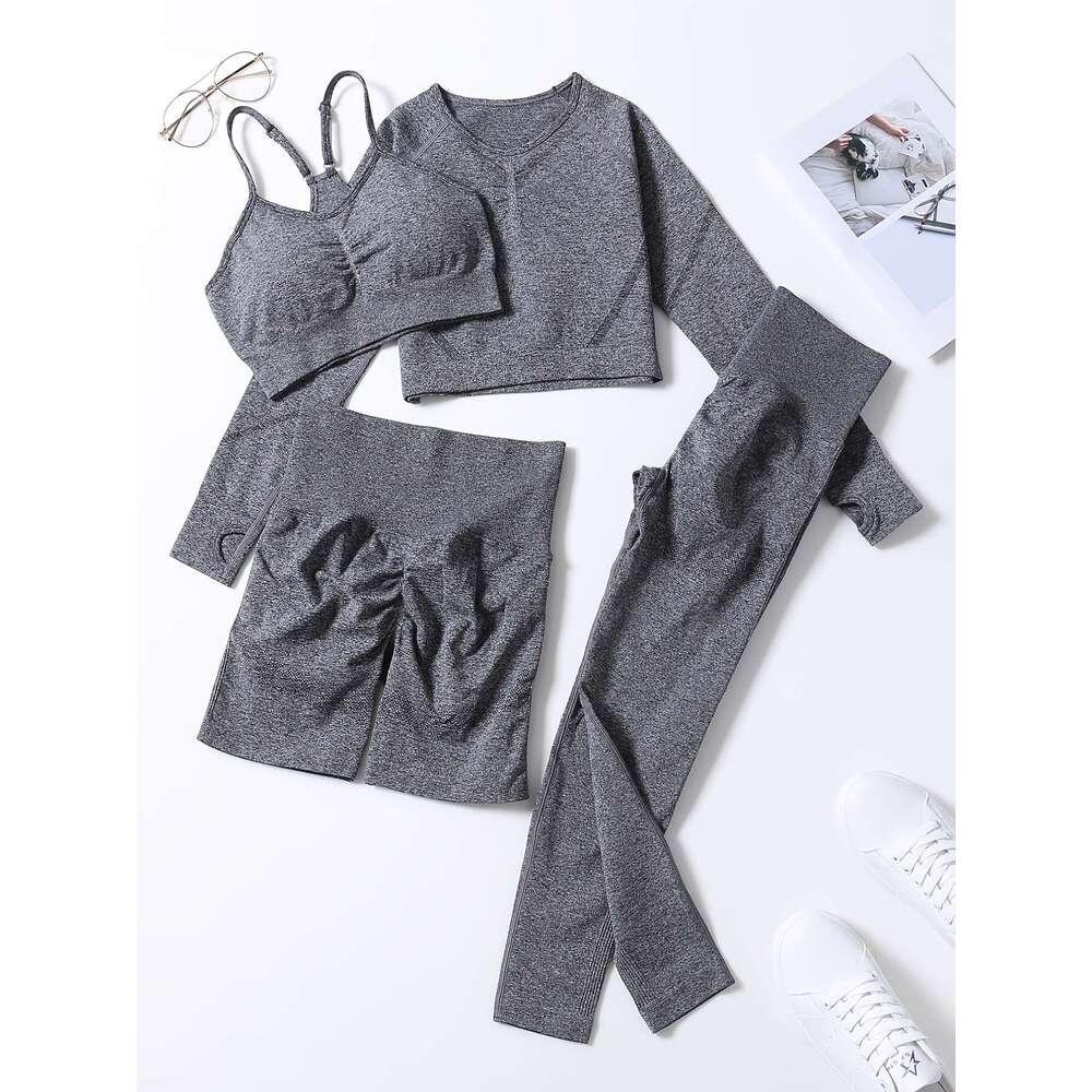 Smiling Face Style Workout Outfits for Women 4pcs Ribbed Seamless Crop Tank High Waist Yoga Leggings Sets