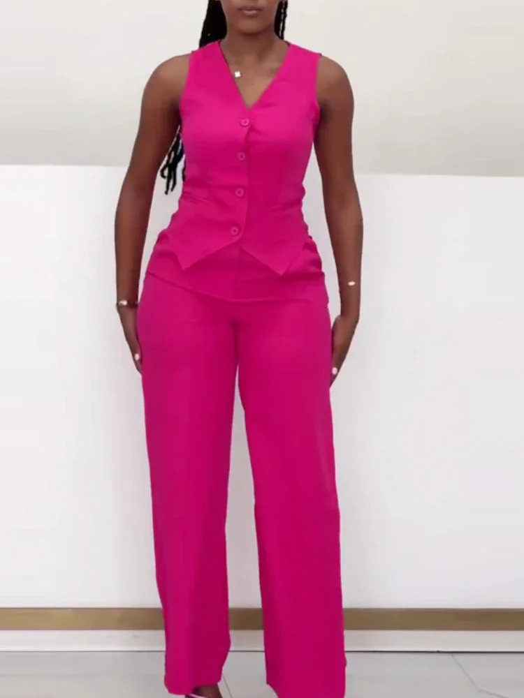 Fashion Two Piece Set Office Lady Outfits Womens Set Solid Color Sleeveless Button Fly Vest Shirt and Wide Leg Pants Set 251029