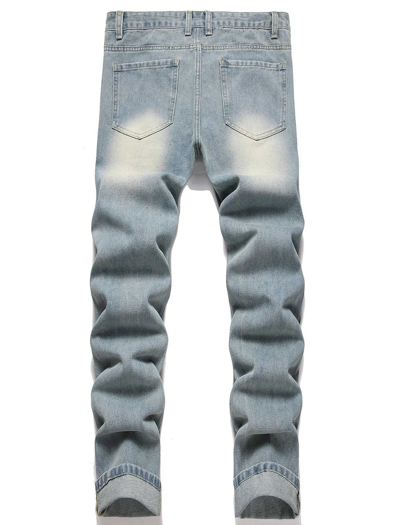 Vintage Streetwear Mens Jeans Relaxed Fit Distressed Washed Blue Mid Waist Denim Pants Straight Leg Ripped Casual Male Clothing J251030