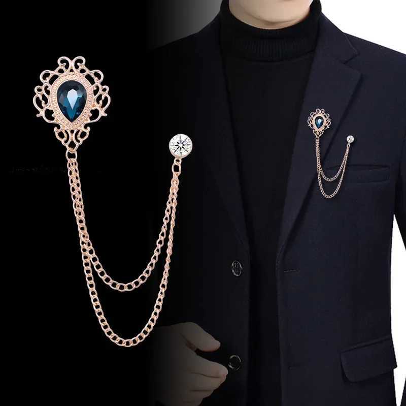 New Vintage Tassel Chain Brooches Rhinestones Crystal Lapel Pins Shirt Suit Collar Pin Fashion Jewelry for Men Women Accessories Y251029