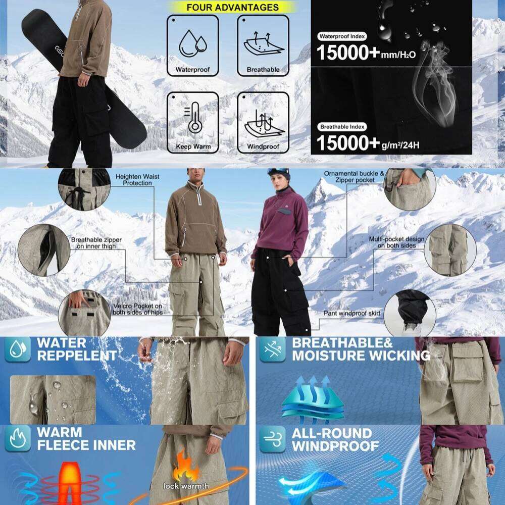GSOU SNOW Winter Multi Pockets Ski Men Loose Snow Pants Warm Windproof Skiing Trousers Outdoor Sports Breathable Britches