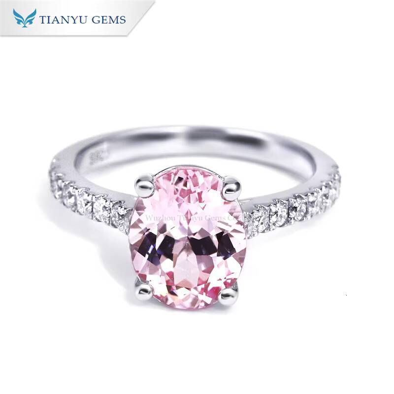 Tianyu Gems 8X10mm Oval pink Lab Sapphire Ring Moissanite DEF Diamonds 14k White Gold Wedding Engagement Rings Jewelry for Women