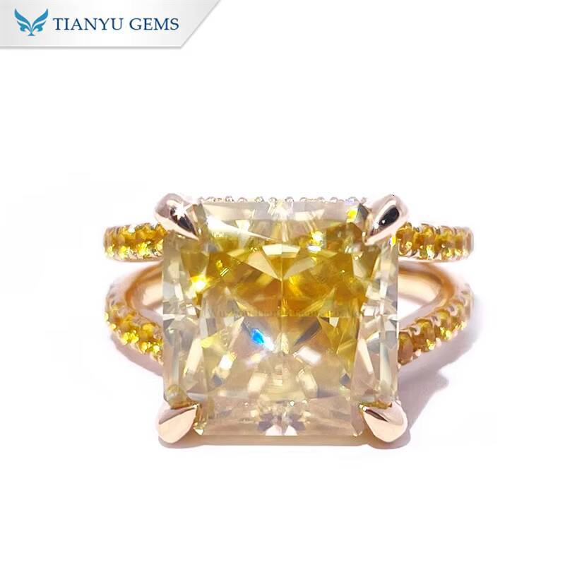 Tianyu Elegant Fancy Vivid Yellow Moissanite Diamonds Engagement Ring Crushed Ice Sparkle Timeless Design 10K 14K 18K Rings