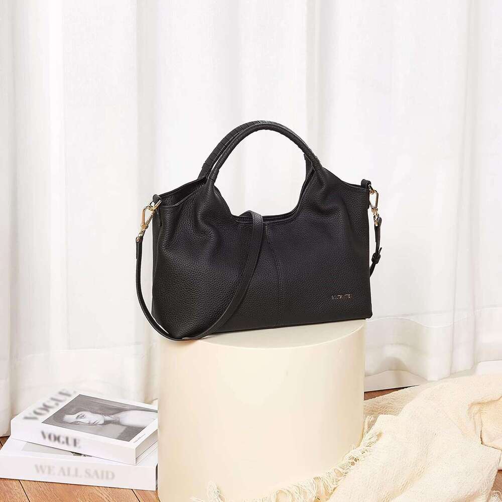 Elegant Genuine Leather Handbag For Women Shoulder Satchel With Adjustable Strap, Top Handle, And Secure Zipper Closure, Black 2025