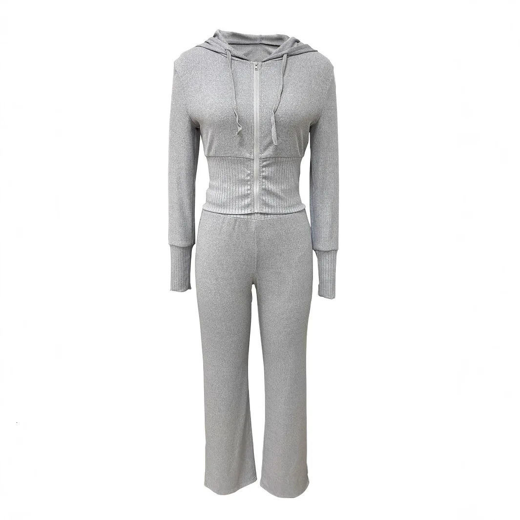 Womens Fashion Grey Solid Color Casual Trendy Sexy Sports 2 Piece Sets Long Sleeve Hooded Zipper Tops Wide Leg Pants 251029