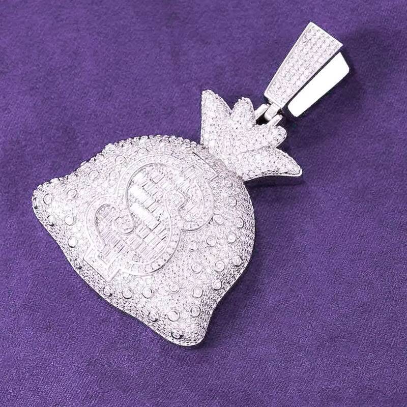 Hip Hop GRA D Color Moissanite Mens Baguette Money Bag Pendant With 925 Sterling Silver Pass Diamond Tester