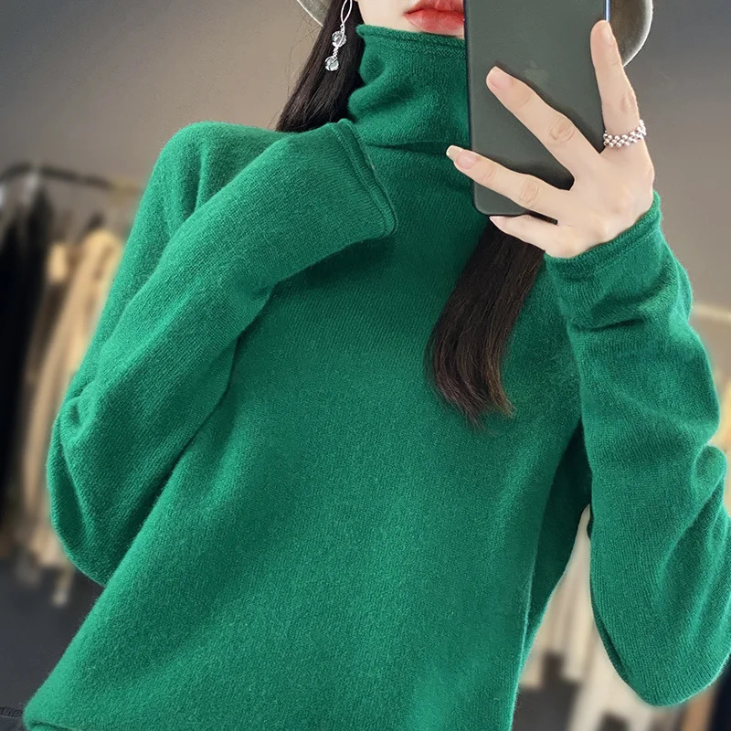 Fashion 100 Merino Wool Sweater Elegant Cashmere Pullover Women Pile Collar Long Sleeve Knitwear Basic Clothing Jumper Tops 251028