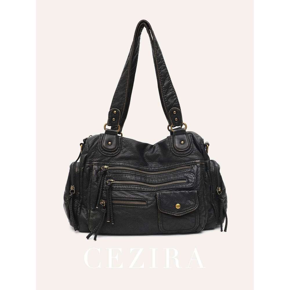 Vintage Women Unisex Brush-Off Color Washed PU Vegan Leather Zip Pockets Shoulder Cross Body Bag Large Retro Casual Daily Travel