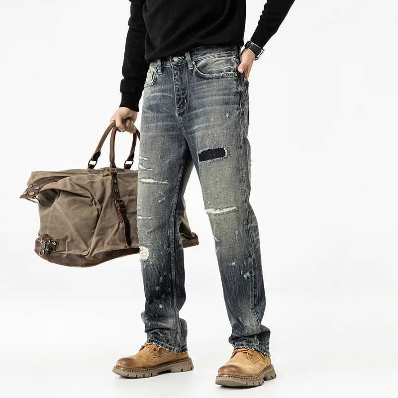 Retro jeans mens highend ripped and scraped patch design heavyweight washed nostalgic straight leg pants J251030