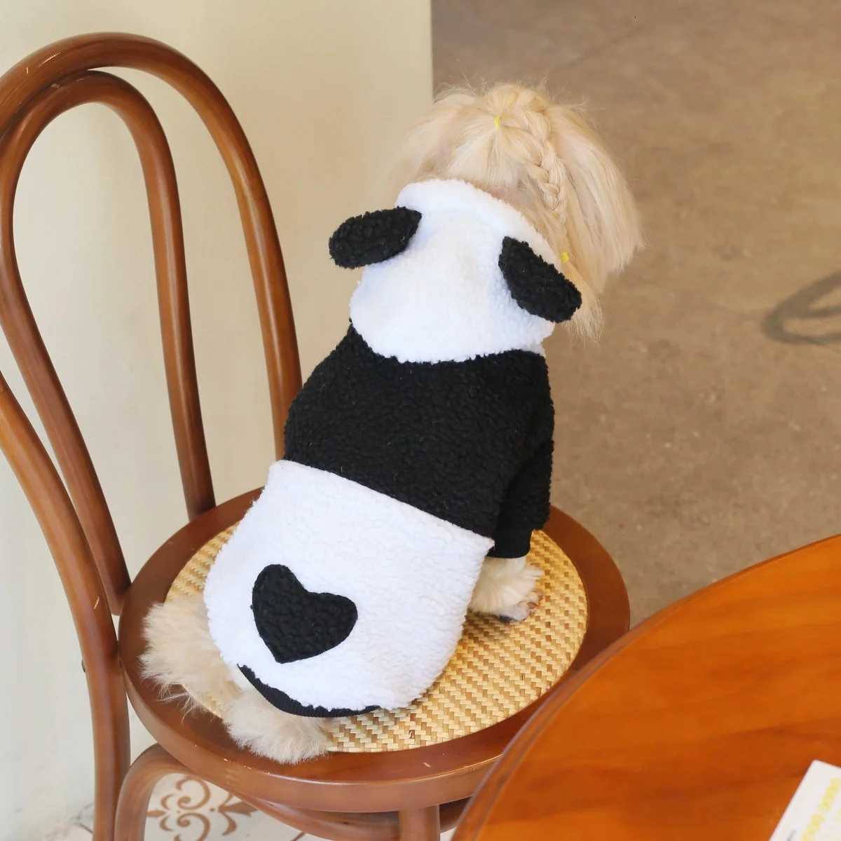 386A Cozy and Comfortable Panda Hoodie Featuring a Black and White Patchwork Design Made of Lambskin Material C251030