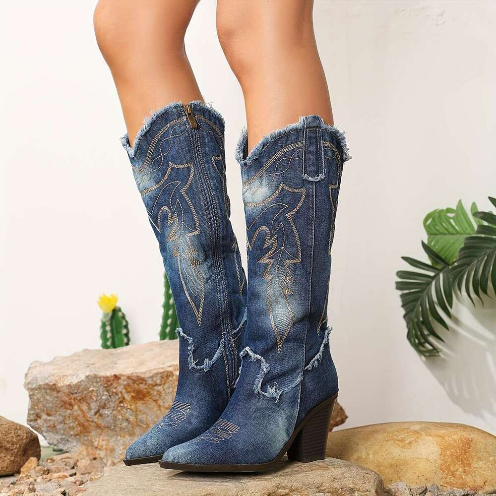 Women's -Like Blue/Black/ Golden-Tone Pointed Toe Chunky High Vintage Faux Cover-Like Texture Rubber Sole All-Season Knee-High For Country Wester