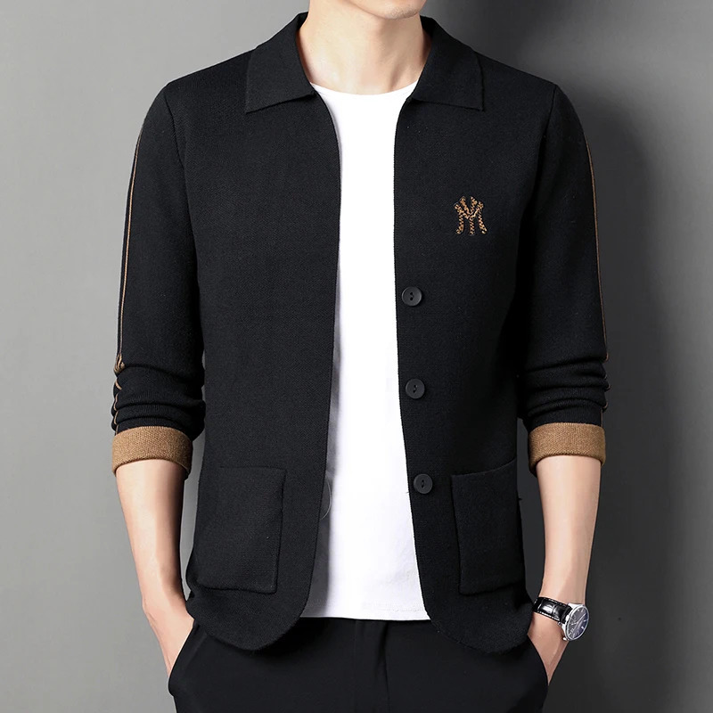 Mens Embroidered Lapel Sweater Jacket Autumn Fashion Business Thick Anti Pilling Knit Cardigan Coat Wear 251017