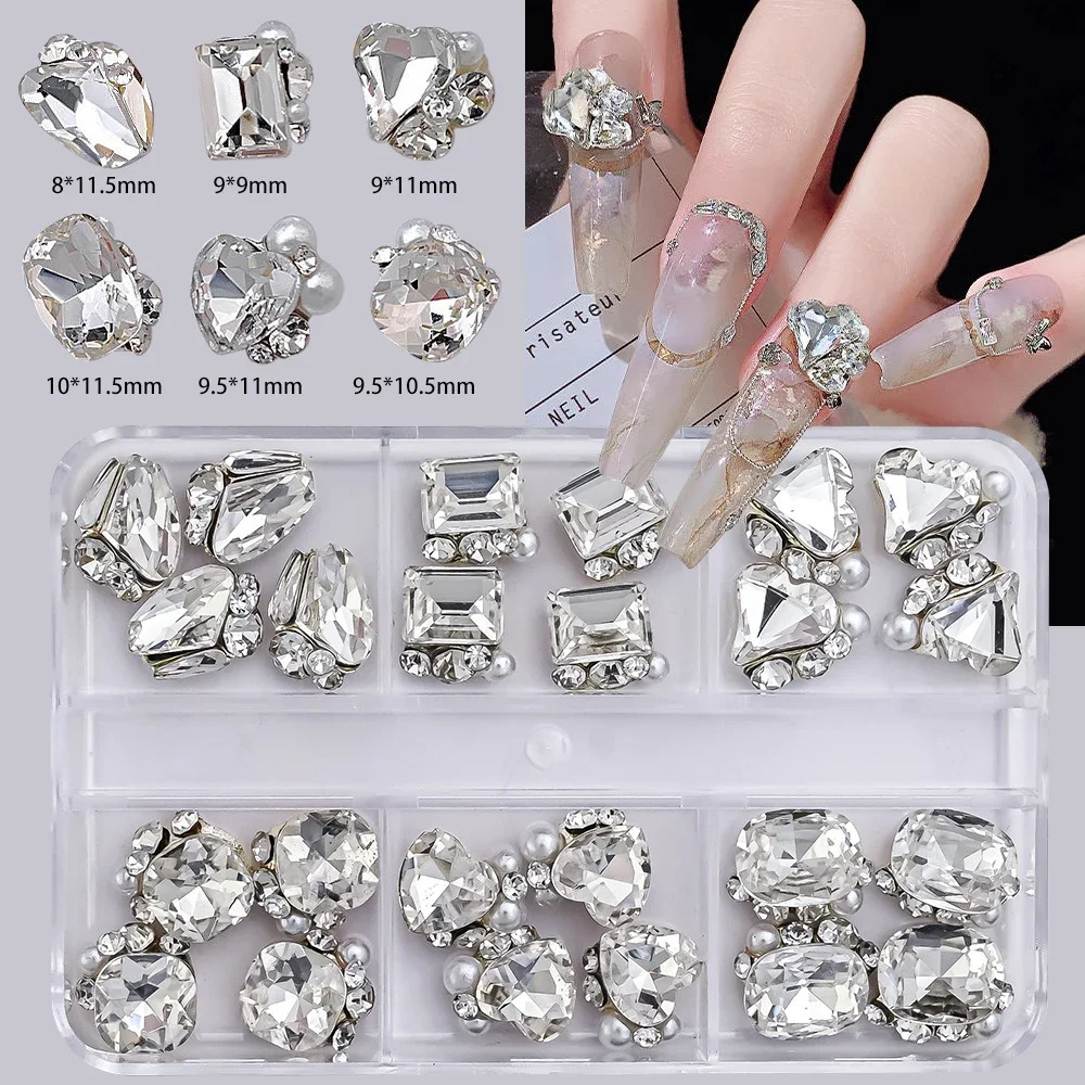 6 Grids Transparent Crystal Nail Pile Diamond Heart Square Nail Art Rhinestones Gems Sparkle Glass Nail Stones DIY Charms 251027