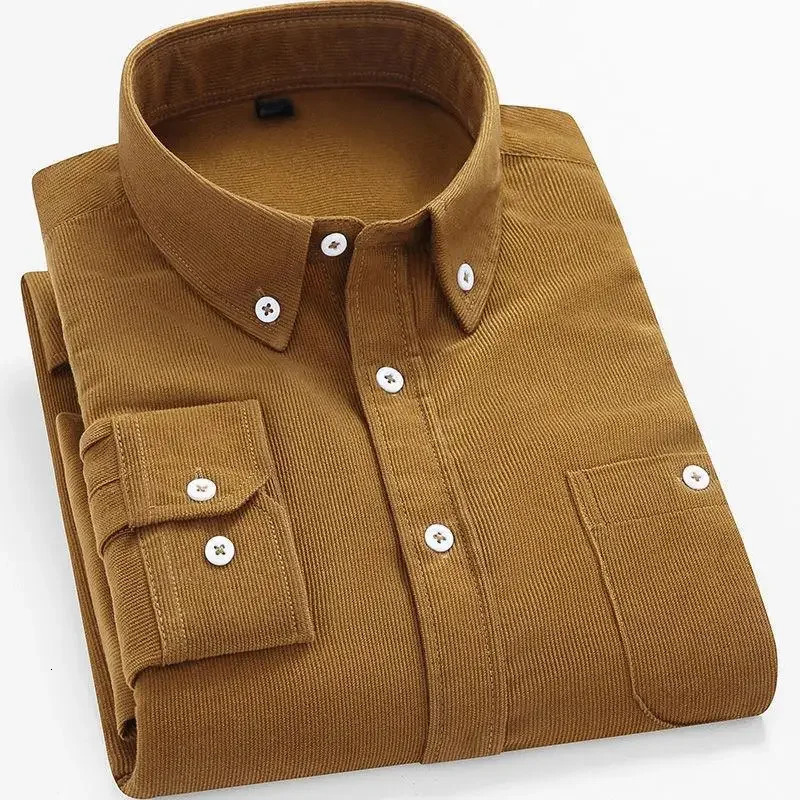 Men Velvet Corduroy Sleeved Shirt Casual Top Loose Pure Color Dad Clothing Suitable Middleaged Elderly 251029