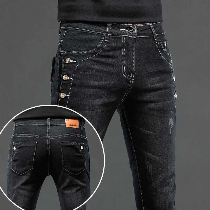 New Men Slim Korean Button Jeans Black Skinny Solid Color Stretch Multibutton Youth Male Denim Pants Streetwear J251030
