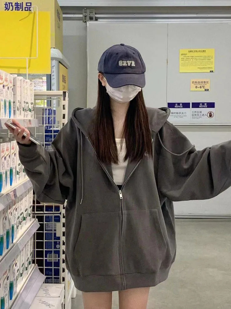 Oversize Womens Sweatshirts Autumn Casual Korean Long Sleeve Hooded Zipup Y2k Hoodies Streetwear Harajuku Female Clothes Black 251030