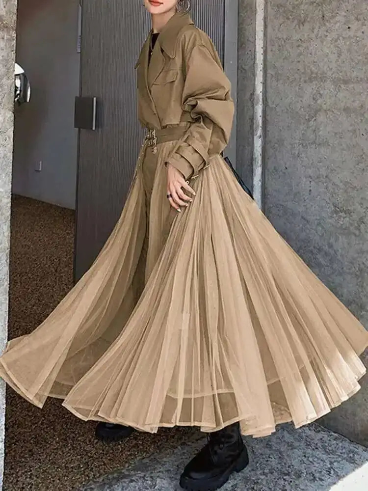 LANMREM Mesh Splicing Windbreaker For Women Lapel Long Sleeves Irregular Belt Trench Coat 2025 Spring Fashion Clothing 2DA8385 251029