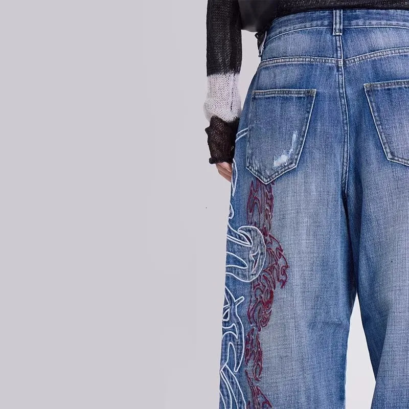 American Fashion Trend Old Pattern Embroidery Baggy Jeans Women Y2K Gothic Harajuku Casual High Waist Wide Leg Trousers 251029
