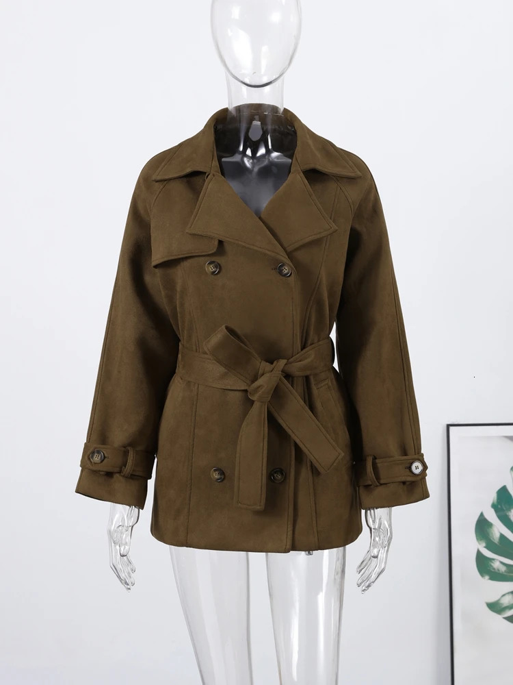Retro Suede Long Trench Coat With Belt Women Lapel Doublebreasted Jacket With Pockets 2025 Autumn Winter Lady Solid Outwear 251029