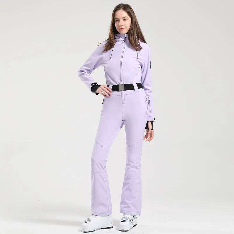 Women One Piece Ski Suit Winter Snowboard Jumpsuit Waterproof Windproof Thicken Hooded Outdoor Sport Wear for Mountain Hiking