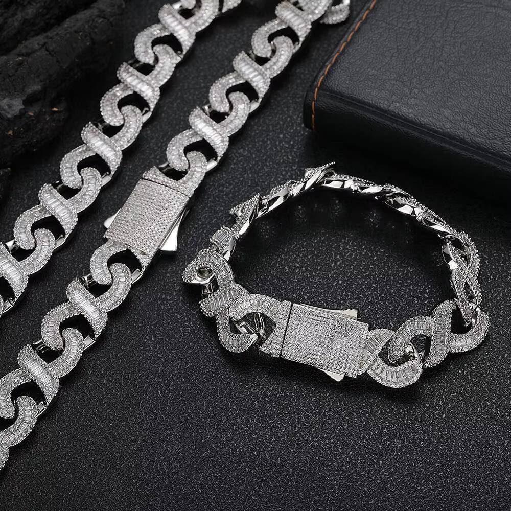 NUOYA 15MM Miami Cuban Link Chain Necklace Women Iced Baguetter Diamond Infinite Sign Gold Plated Mixed Inlaid moissanite Cuban Designer's style