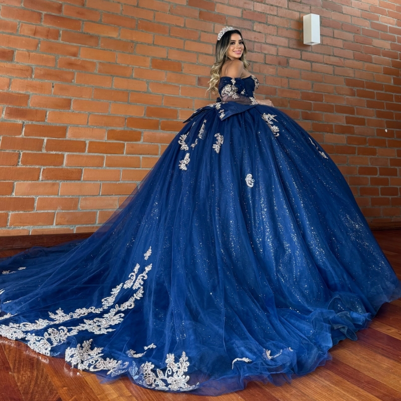 Navy Blue Shiny Quinceanera Dresses Off The Shoulder Applique Lace Beads Bow Tull Party Birthday Sweet 16 Dress Vestidos 15 Anos