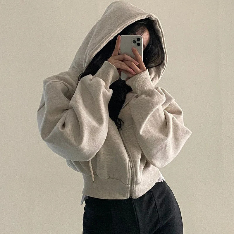 Korean Hood Shirt Women Fashion Fleece Lined Loose Hoodies Zipper Long Sleeve Crop Tops Harajuku Female Jackets Coats Sweatshirt 251030