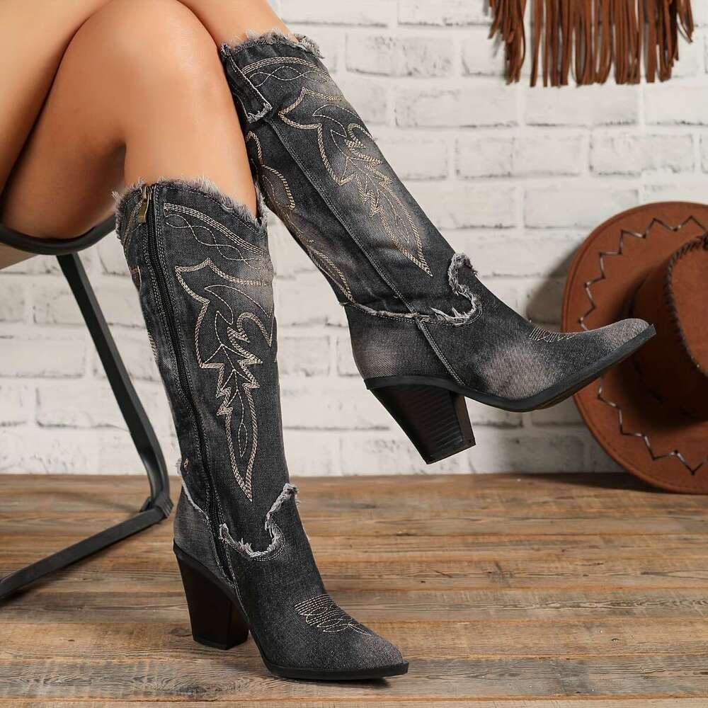 Women's -Like Blue/Black/ Golden-Tone Pointed Toe Chunky High Vintage Faux Cover-Like Texture Rubber Sole All-Season Knee-High For Country Wester