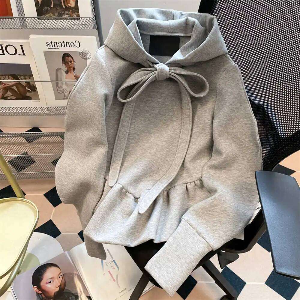 Women's Grey Long Sleeve Bow Hoodies Streetwear Vintage Haruku Korean Y2k Fashion Oversize Sweatshirt 2000S Clothes