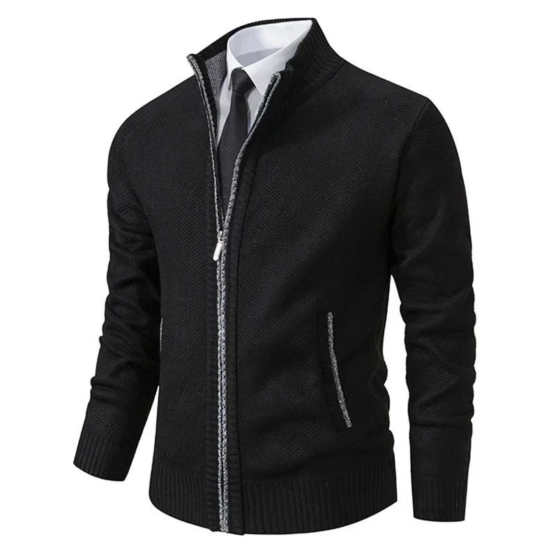 2025 Autumn and Winter Mens Casual Sports Coat Solid Color Stand Collar Sweater Grab Fleece Warm Zipper Cardigan 251029