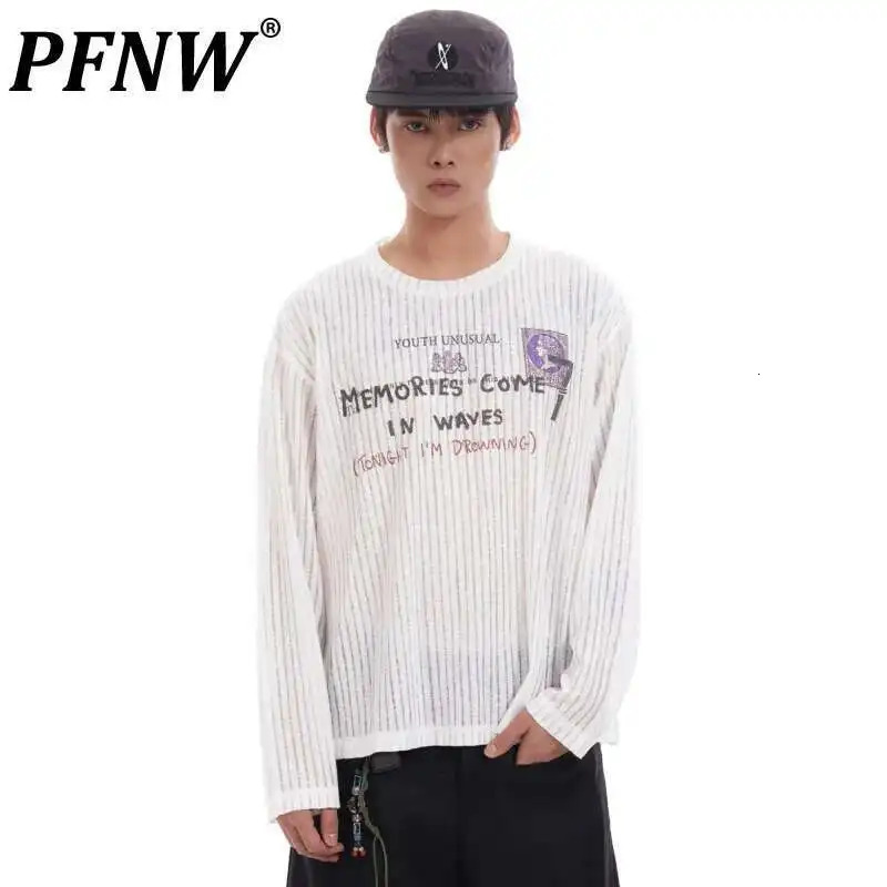 PFNW American Vintage Semitransparent White Letter Printting Long Sleeve White Tshirt For Men And Women Loose Tee Tops 28W6046 251028