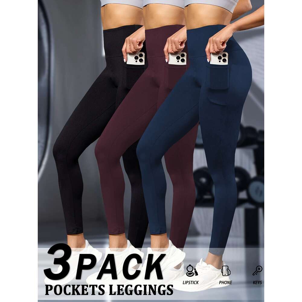 3 Pack Women's High Waisted Tummy Control Leggings with Pockets - Super Soft Stretchy Yoga Running Pants, Solid Black All-Season hine Washable, W