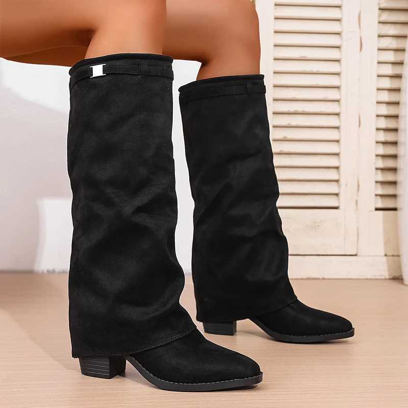 Fashion Slip On High Heeled Knee High Boots Women Autumn Winter High Tube Rider Boots Woman Pointed Toe Thick Heel Long Botas Z251029
