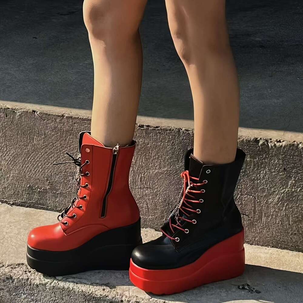Women's Gothic Punk High - Red & Black Lace-Up With Chain Dangling Decor, All-Season Performance Short Boots, Casual Platform Heel | Laceup Boots