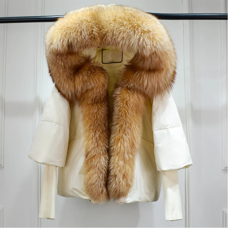 Lagabogy Winter Women Warm White Duck Down Jacket Loose Hood Puffer Coat Natural Fox Fur Collar Thick Outerwear 251023