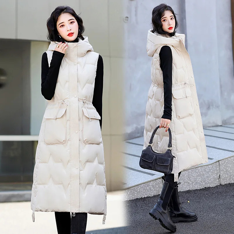 Autumn Winter Hooded Korean Version Womens Down Cotton Vest Coat Sleeveless Over The Knee Loose Lady Waistcoat Jacket 251024