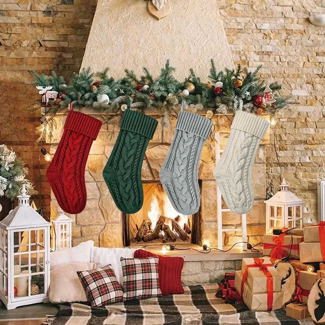 46CM Larger Christmas Gift Stockings ic GreenRed Knitted Hanging Decorative Stocking for Christmas Party Family Decor C251030