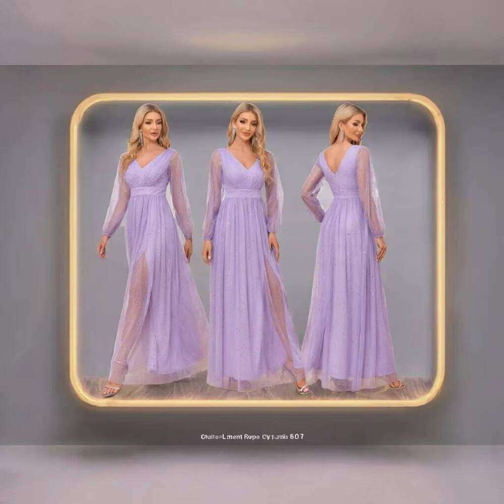 Luxurious Fully Lined Women's V-Neck Sheer Shiny A-Line Bridesmaid Dress with Sequins Floor Length prom